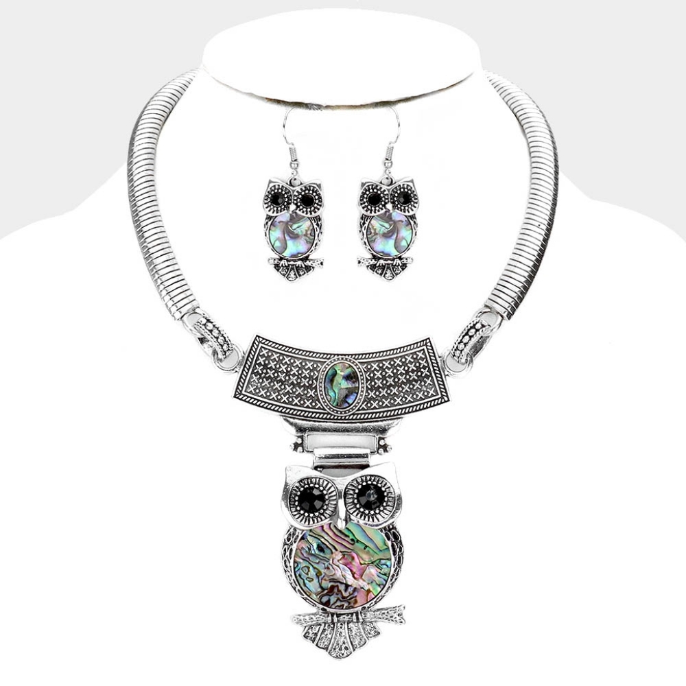 Abalone Blue Owl Charm Pendant Necklace Statement Chain Set Animal Stone